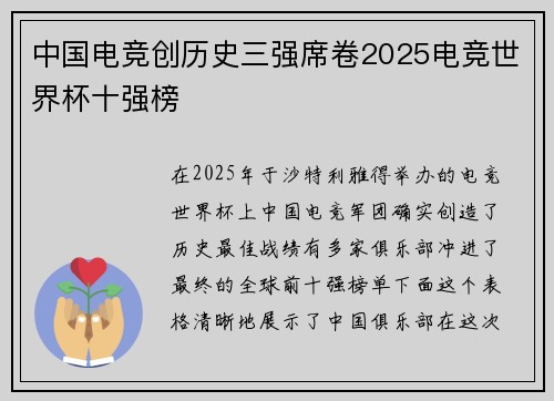 中国电竞创历史三强席卷2025电竞世界杯十强榜